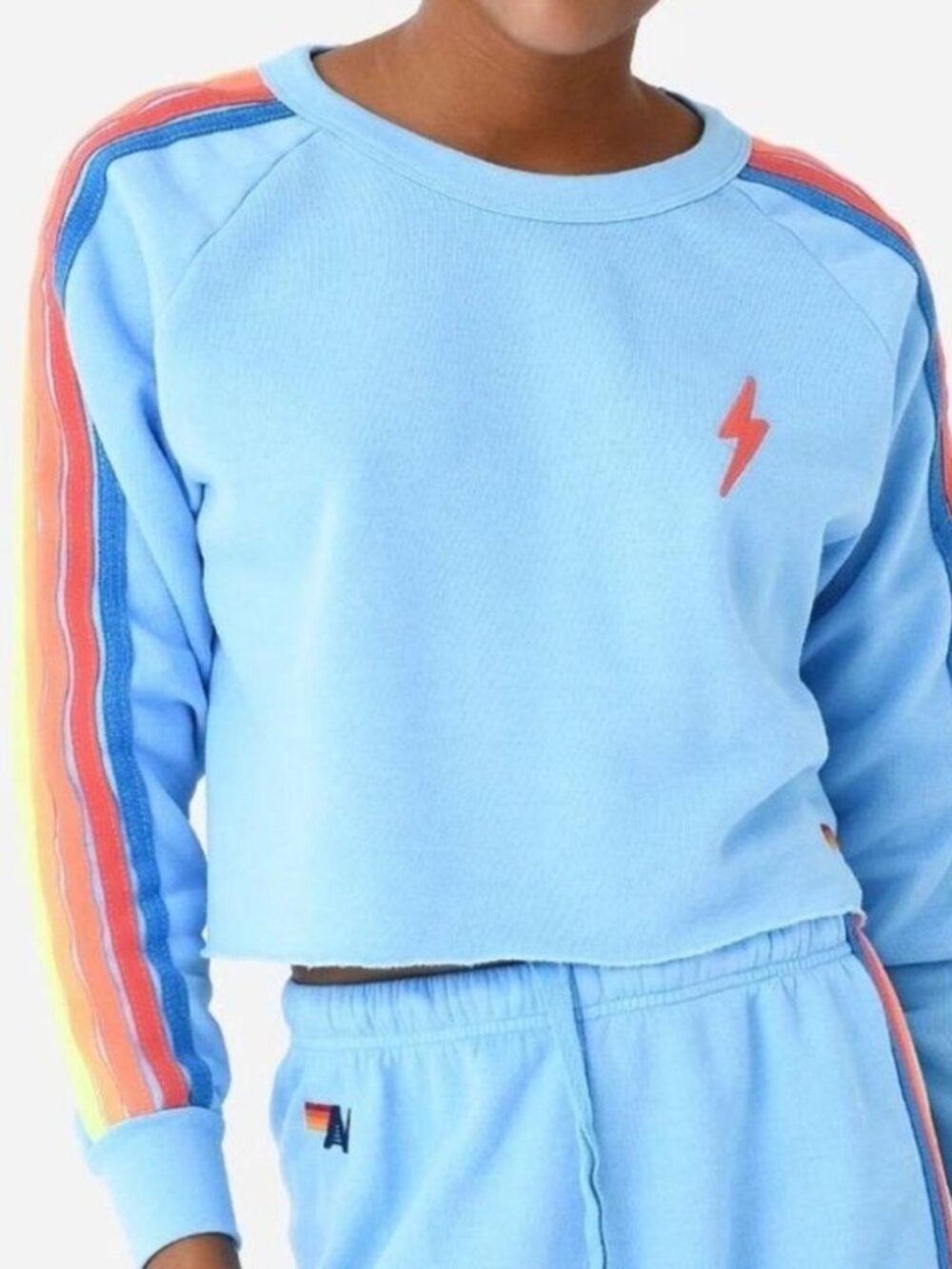 Aviator Nation Bolt Cropped Sweatshirt XS Light Blue Rainbow Stripe Pullover
